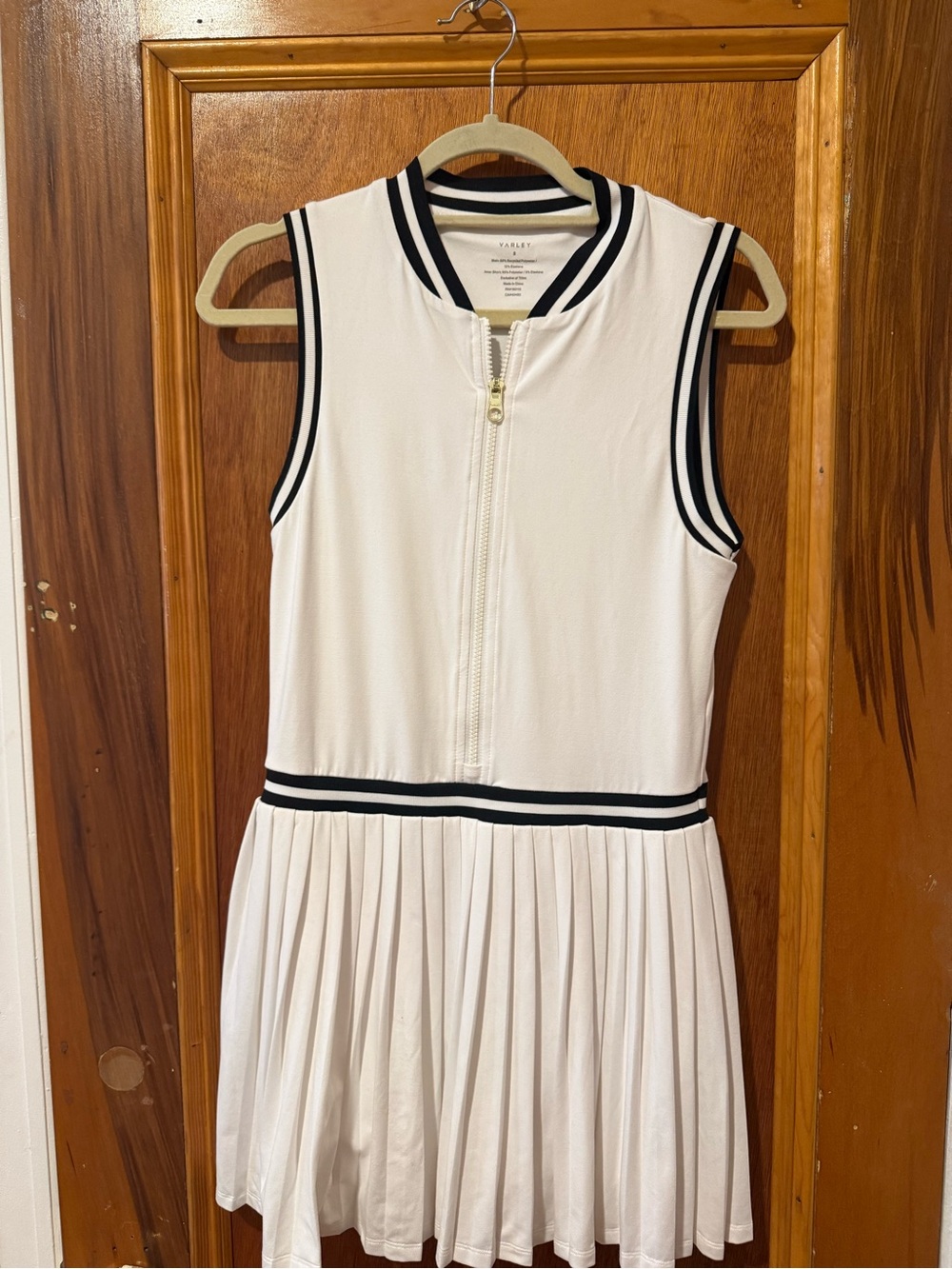 Varley White Sleeveless Pleated Tennis Dress with Black Trim